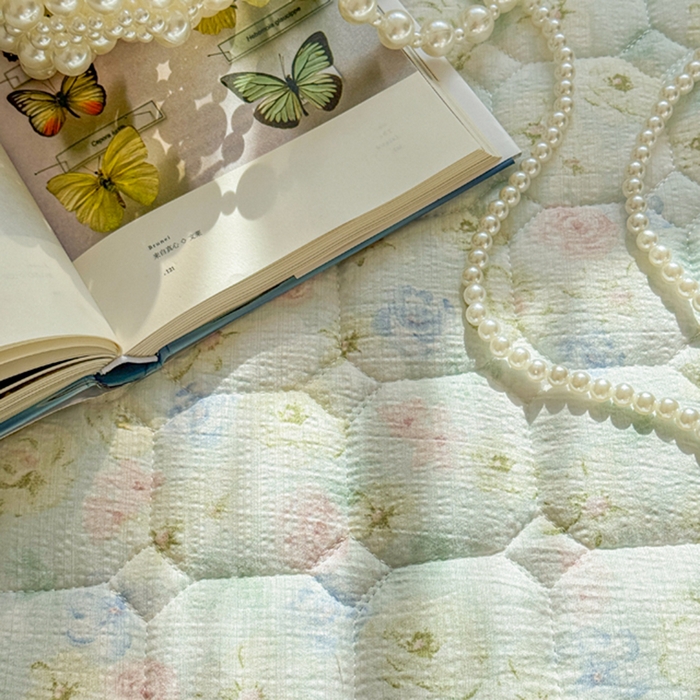 91家纺网 家纺一手货源 找家纺 禧缘家纺（原梦想家） 2026新款小清新皱皱纱木棉床裙式床笠印花三件套 月光