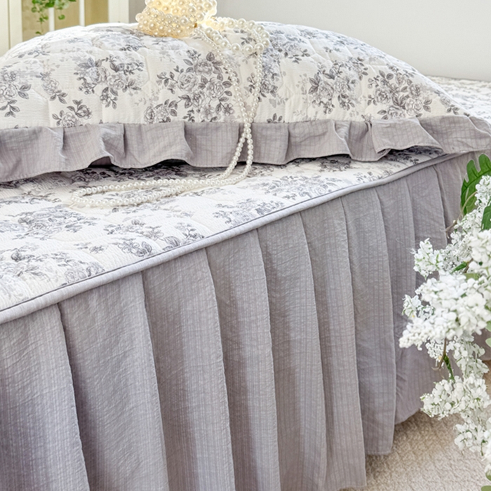 91家纺网 家纺一手货源 找家纺 禧缘家纺（原梦想家） 2026新款小清新皱皱纱木棉床裙式床笠印花三件套 雾迟