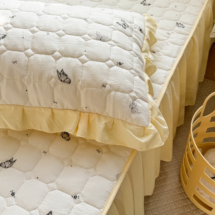 91家纺网 家纺一手货源 找家纺 禧缘家纺（原梦想家） 2026新款小清新皱皱纱木棉床裙式床笠印花三件套 蝶梦