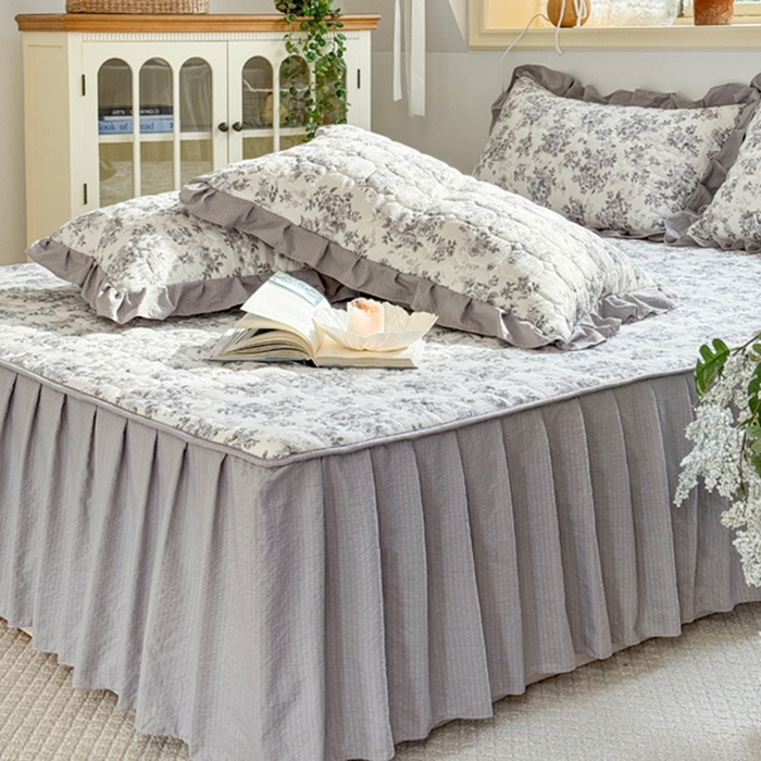 91家纺网 家纺一手货源 找家纺 禧缘家纺（原梦想家） 2026新款小清新皱皱纱木棉床裙式床笠印花三件套 雾迟