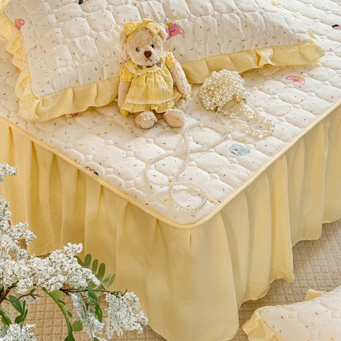 91家纺网 家纺一手货源 找家纺 禧缘家纺（原梦想家） 2026新款小清新皱皱纱木棉床裙式床笠印花三件套 甜筒