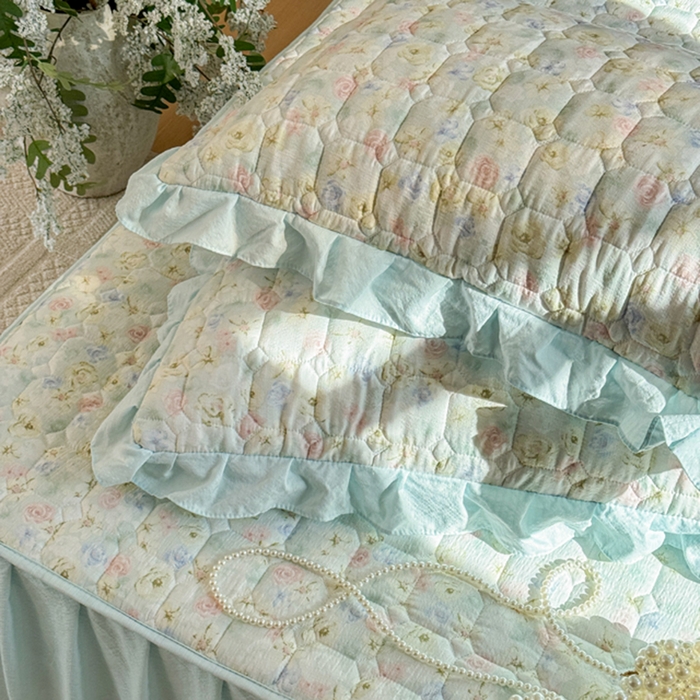 91家纺网 家纺一手货源 找家纺 禧缘家纺（原梦想家） 2026新款小清新皱皱纱木棉床裙式床笠印花三件套 月光