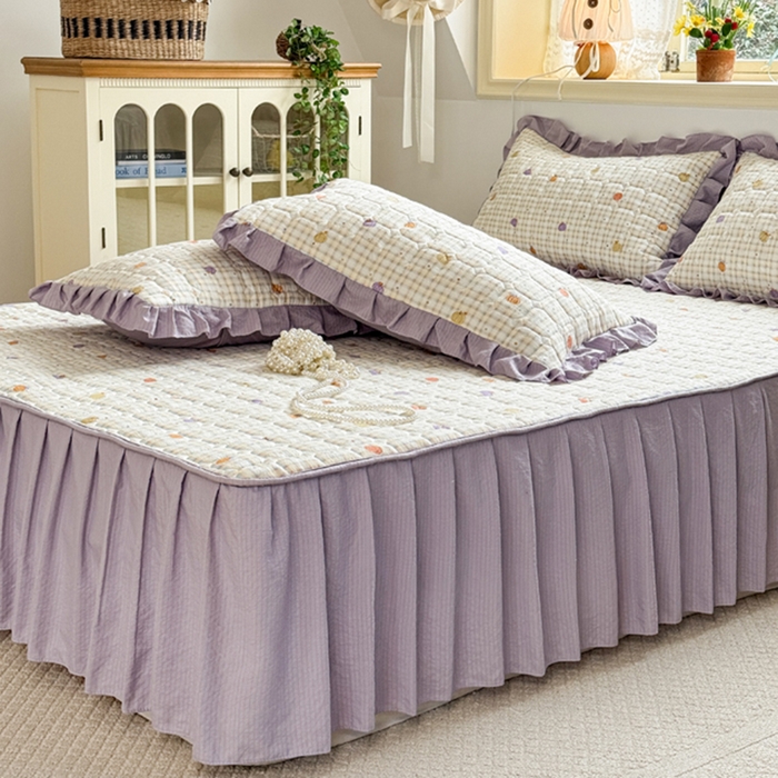 91家纺网 家纺一手货源 找家纺 禧缘家纺（原梦想家） 2026新款小清新皱皱纱木棉床裙式床笠印花三件套 南瓜