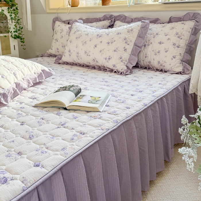 91家纺网 家纺一手货源 找家纺 禧缘家纺（原梦想家） 2026新款小清新皱皱纱木棉床裙式床笠印花三件套 花田