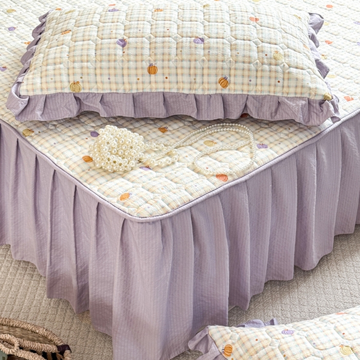 91家纺网 家纺一手货源 找家纺 禧缘家纺（原梦想家） 2026新款小清新皱皱纱木棉床裙式床笠印花三件套 南瓜