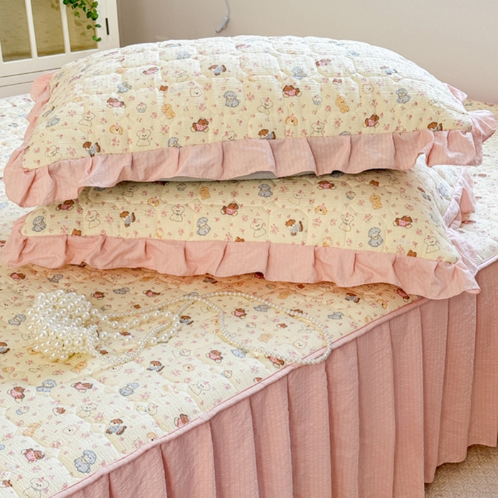 91家纺网 家纺一手货源 找家纺 禧缘家纺（原梦想家） 2026新款小清新皱皱纱木棉床裙式床笠印花三件套 泡芙