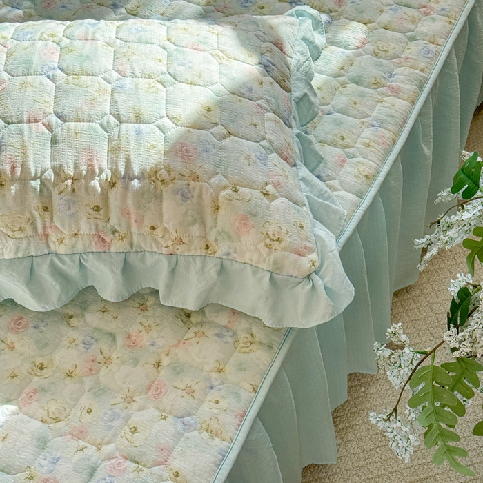 91家纺网 家纺一手货源 找家纺 禧缘家纺（原梦想家） 2026新款小清新皱皱纱木棉床裙式床笠印花三件套 月光