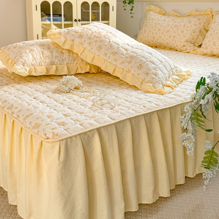 91家纺网 家纺一手货源 找家纺 禧缘家纺（原梦想家） 2026新款小清新皱皱纱木棉床裙式床笠印花三件套 沐春