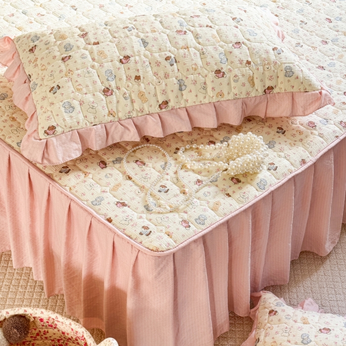 91家纺网 家纺一手货源 找家纺 禧缘家纺（原梦想家） 2026新款小清新皱皱纱木棉床裙式床笠印花三件套 泡芙