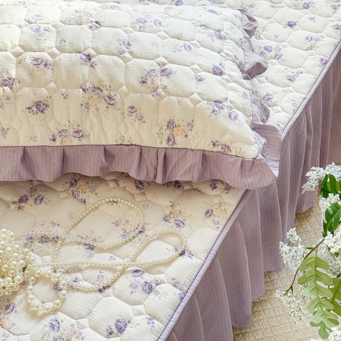 91家纺网 家纺一手货源 找家纺 禧缘家纺（原梦想家） 2026新款小清新皱皱纱木棉床裙式床笠印花三件套 花田