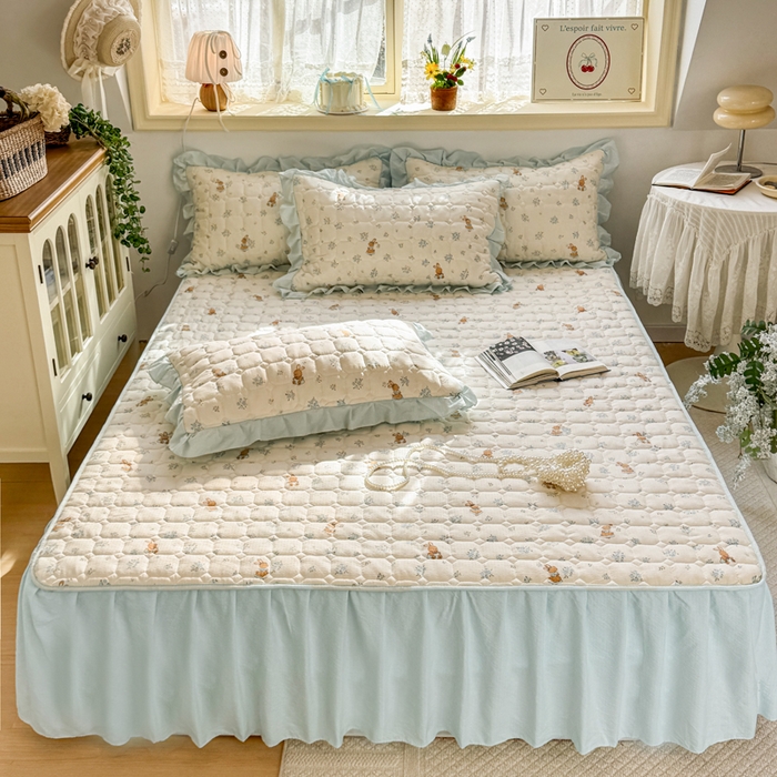 91家纺网 家纺一手货源 找家纺 禧缘家纺（原梦想家） 2026新款小清新皱皱纱木棉床裙式床笠印花三件套 兔兔