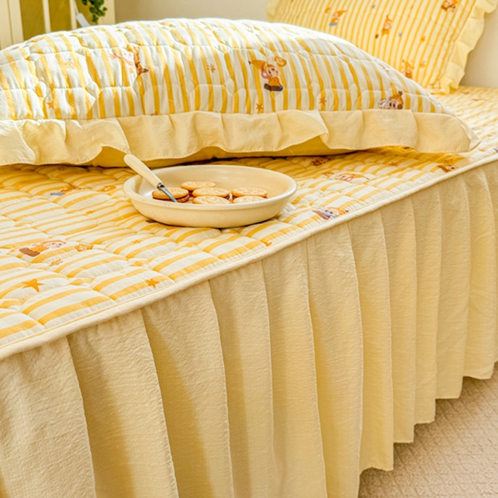 91家纺网 家纺一手货源 找家纺 禧缘家纺（原梦想家） 2026新款小清新皱皱纱木棉床裙式床笠印花三件套 星星