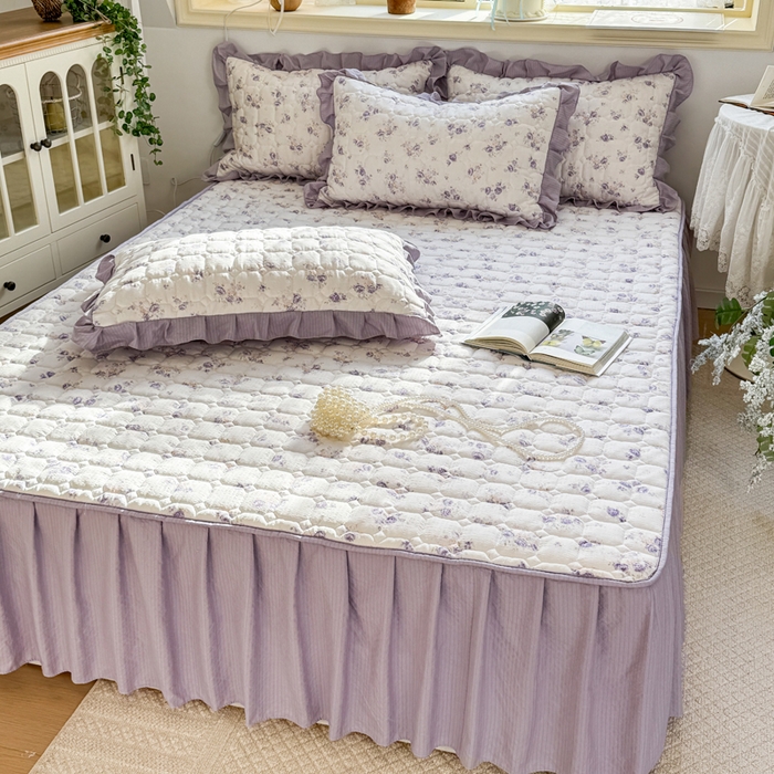 91家纺网 家纺一手货源 找家纺 禧缘家纺（原梦想家） 2026新款小清新皱皱纱木棉床裙式床笠印花三件套 花田