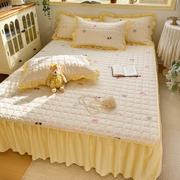 91家纺网 家纺一手货源 找家纺 禧缘家纺（原梦想家） 2026新款小清新皱皱纱木棉床裙式床笠印花三件套 甜筒