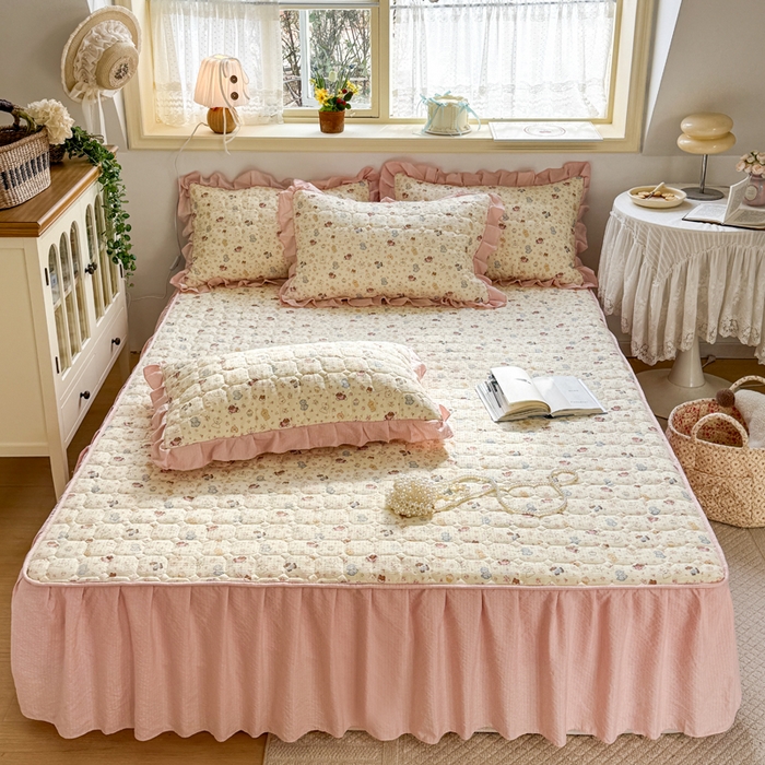 91家纺网 家纺一手货源 找家纺 禧缘家纺（原梦想家） 2026新款小清新皱皱纱木棉床裙式床笠印花三件套 泡芙