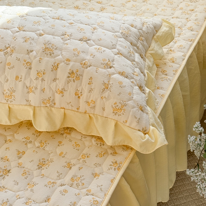 91家纺网 家纺一手货源 找家纺 禧缘家纺（原梦想家） 2026新款小清新皱皱纱木棉床裙式床笠印花三件套 沐春