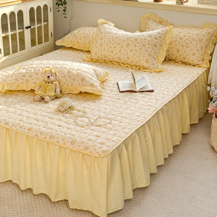 91家纺网 家纺一手货源 找家纺 禧缘家纺（原梦想家） 2026新款小清新皱皱纱木棉床裙式床笠印花三件套 沐春