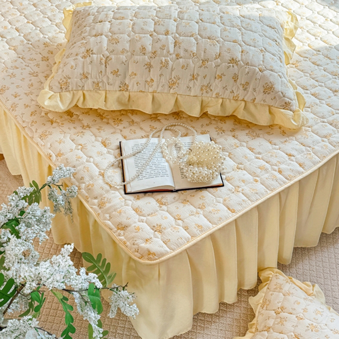 91家纺网 家纺一手货源 找家纺 禧缘家纺（原梦想家） 2026新款小清新皱皱纱木棉床裙式床笠印花三件套 沐春