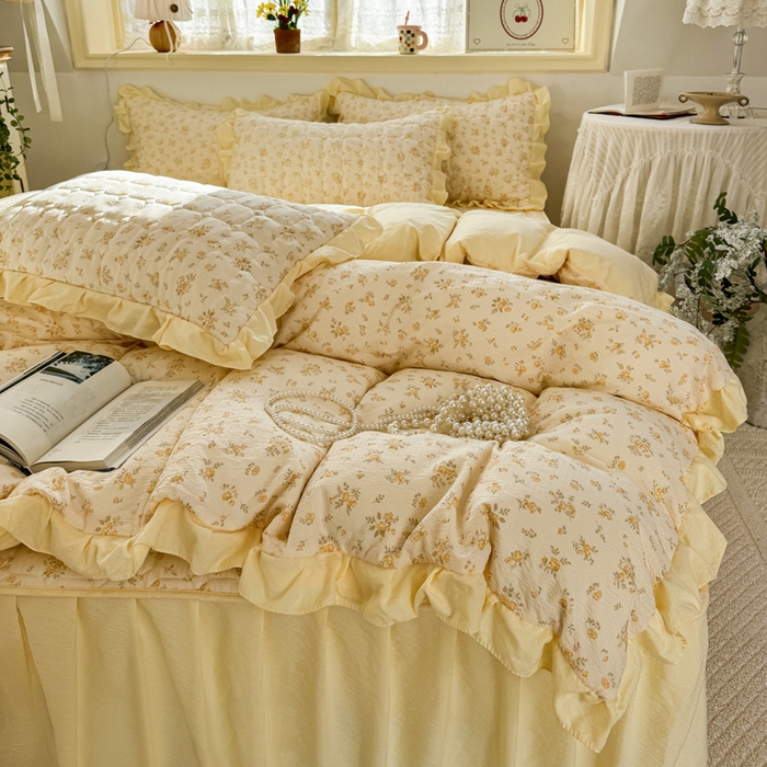 91家纺网 家纺一手货源 找家纺 禧缘家纺（原梦想家） 2026新款小清新皱皱纱木棉床裙式床笠印花三件套 沐春