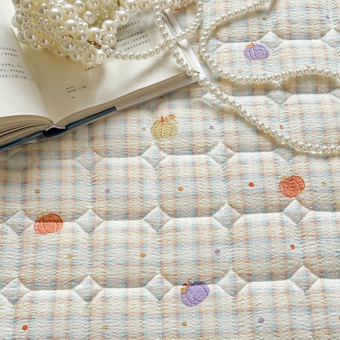 91家纺网 家纺一手货源 找家纺 禧缘家纺（原梦想家） 2026新款小清新皱皱纱木棉床裙式床笠印花三件套 南瓜