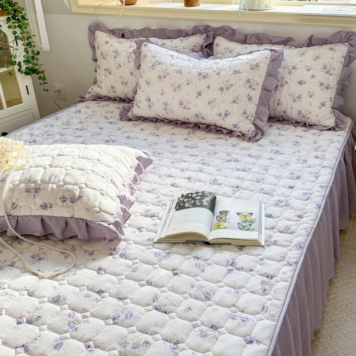 91家纺网 家纺一手货源 找家纺 禧缘家纺（原梦想家） 2026新款小清新皱皱纱木棉床裙式床笠印花三件套 花田