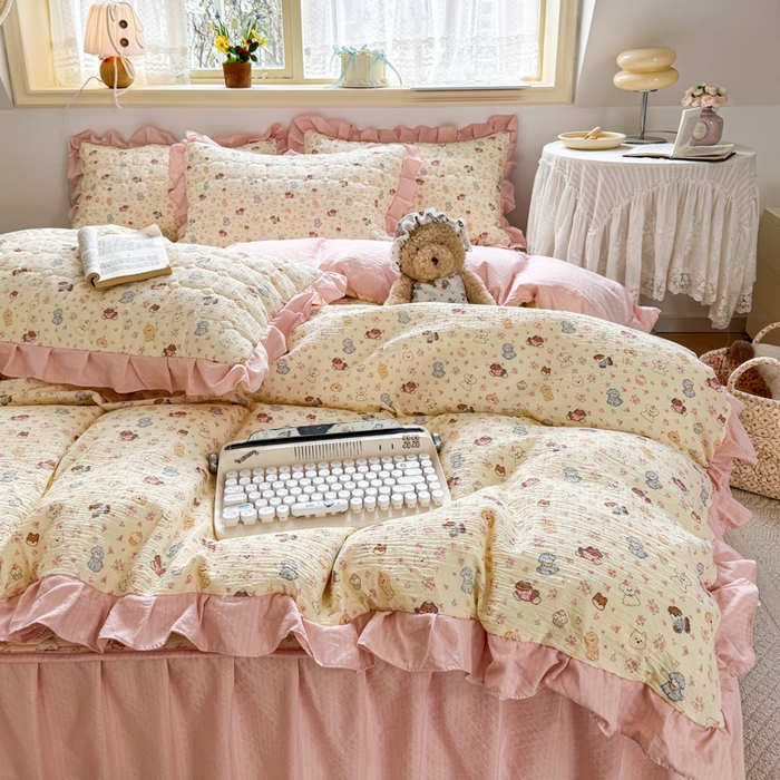 91家纺网 家纺一手货源 找家纺 禧缘家纺（原梦想家） 2026新款小清新皱皱纱木棉床裙式床笠印花三件套 泡芙