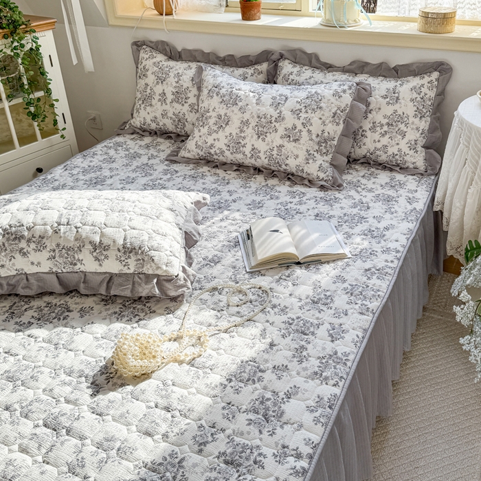 91家纺网 家纺一手货源 找家纺 禧缘家纺（原梦想家） 2026新款小清新皱皱纱木棉床裙式床笠印花三件套 雾迟