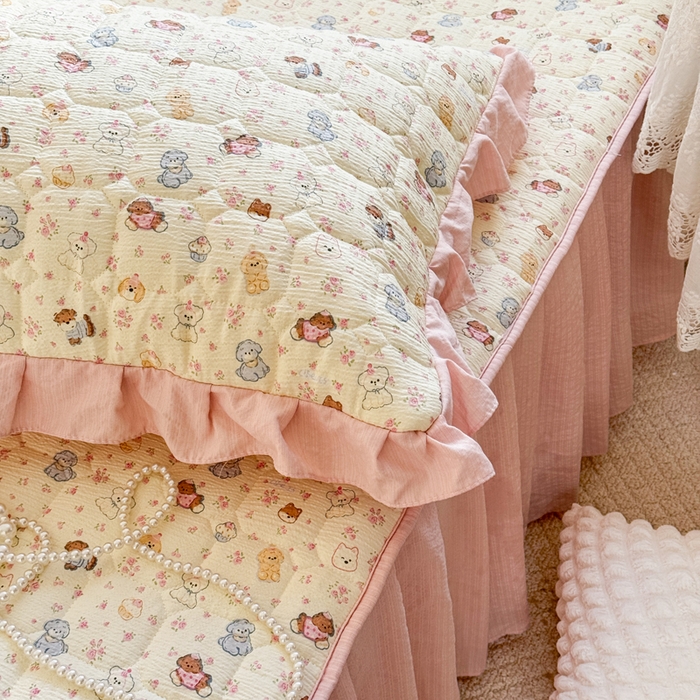 91家纺网 家纺一手货源 找家纺 禧缘家纺（原梦想家） 2026新款小清新皱皱纱木棉床裙式床笠印花三件套 泡芙