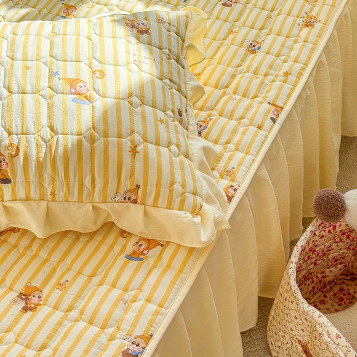 91家纺网 家纺一手货源 找家纺 禧缘家纺（原梦想家） 2026新款小清新皱皱纱木棉床裙式床笠印花三件套 星星