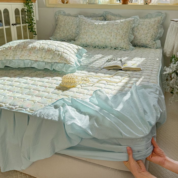 91家纺网 家纺一手货源 找家纺 （总）禧缘家纺（原梦想家） 2026新款小清新皱皱纱木棉床裙式床笠印花三件套