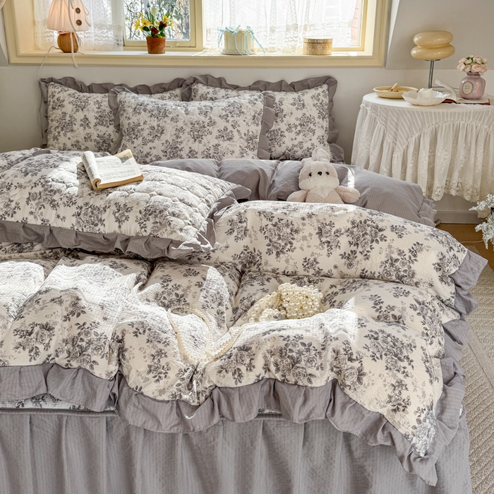 91家纺网 家纺一手货源 找家纺 （总）禧缘家纺（原梦想家） 2026新款小清新皱皱纱木棉床裙式床笠印花四件套