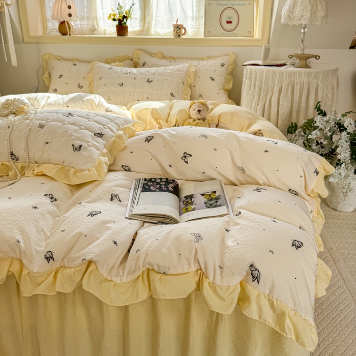 91家纺网 家纺一手货源 找家纺 （总）禧缘家纺（原梦想家） 2026新款小清新皱皱纱木棉床裙式床笠印花四件套