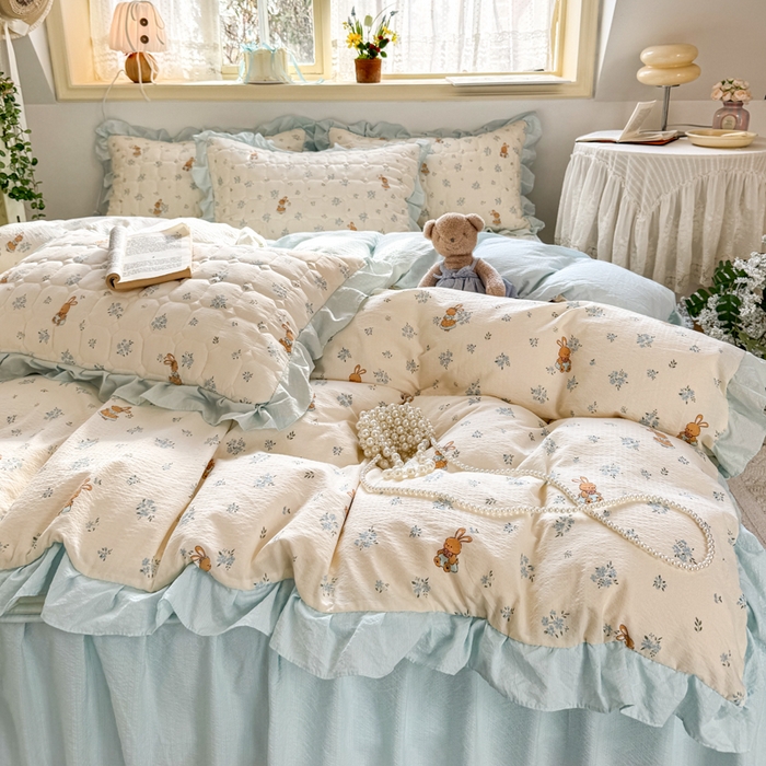 禧缘家纺（原梦想家） 2026新款小清新皱皱纱木棉床裙式床笠印花四件套 兔兔