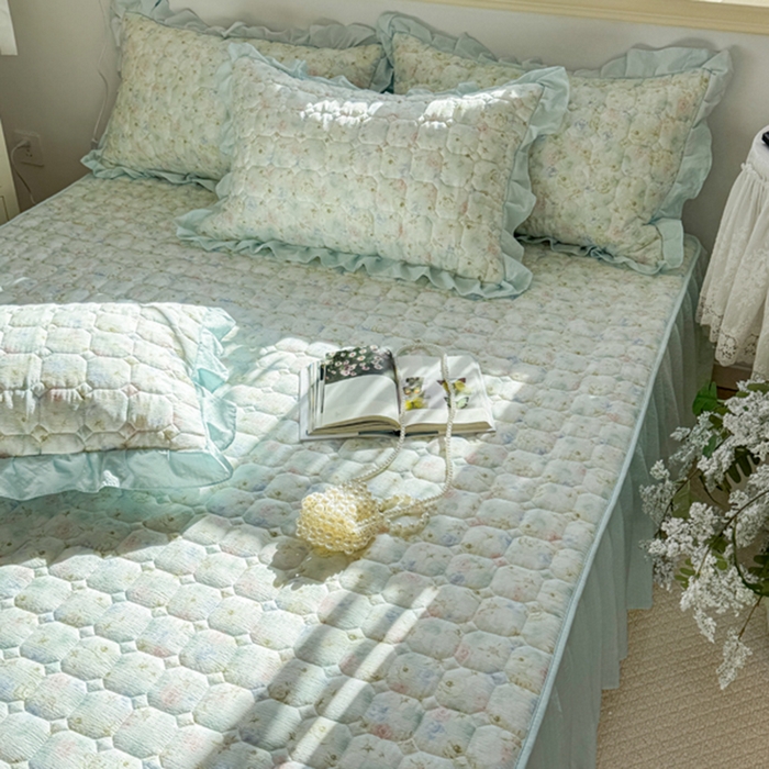 91家纺网 家纺一手货源 找家纺 禧缘家纺（原梦想家） 2026新款小清新皱皱纱木棉床裙式床笠印花四件套 月光