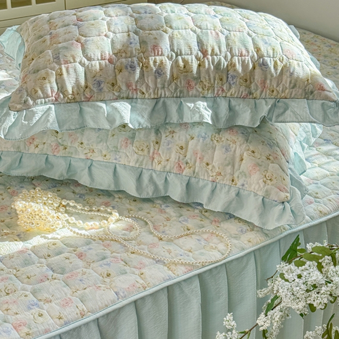 91家纺网 家纺一手货源 找家纺 禧缘家纺（原梦想家） 2026新款小清新皱皱纱木棉床裙式床笠印花四件套 月光