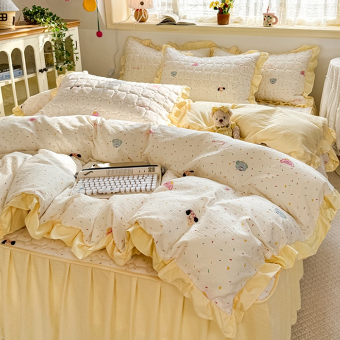 91家纺网 家纺一手货源 找家纺 禧缘家纺（原梦想家） 2026新款小清新皱皱纱木棉床裙式床笠印花四件套 甜筒