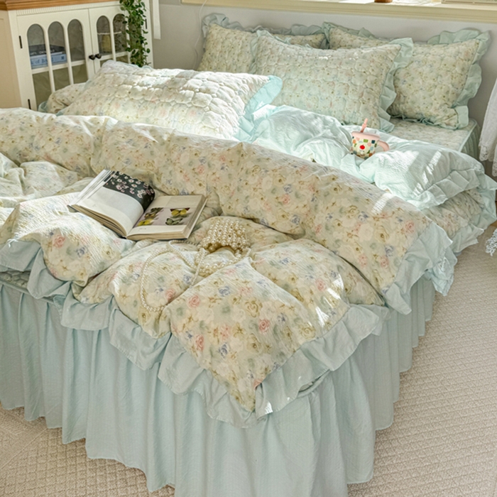 91家纺网 家纺一手货源 找家纺 禧缘家纺（原梦想家） 2026新款小清新皱皱纱木棉床裙式床笠印花四件套 月光