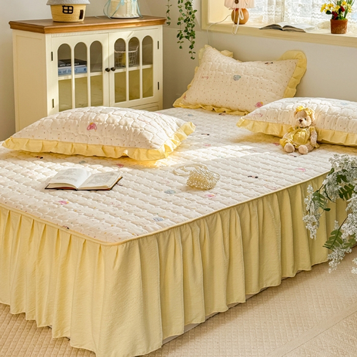 91家纺网 家纺一手货源 找家纺 禧缘家纺（原梦想家） 2026新款小清新皱皱纱木棉床裙式床笠印花四件套 甜筒