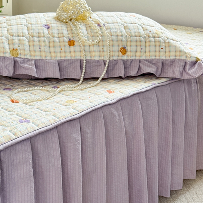 91家纺网 家纺一手货源 找家纺 禧缘家纺（原梦想家） 2026新款小清新皱皱纱木棉床裙式床笠印花四件套 南瓜