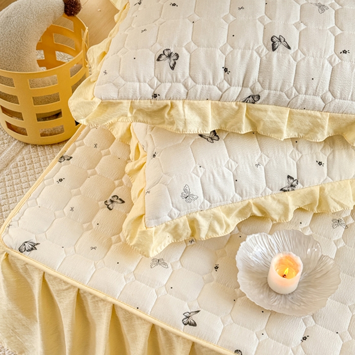 91家纺网 家纺一手货源 找家纺 禧缘家纺（原梦想家） 2026新款小清新皱皱纱木棉床裙式床笠印花四件套 蝶梦