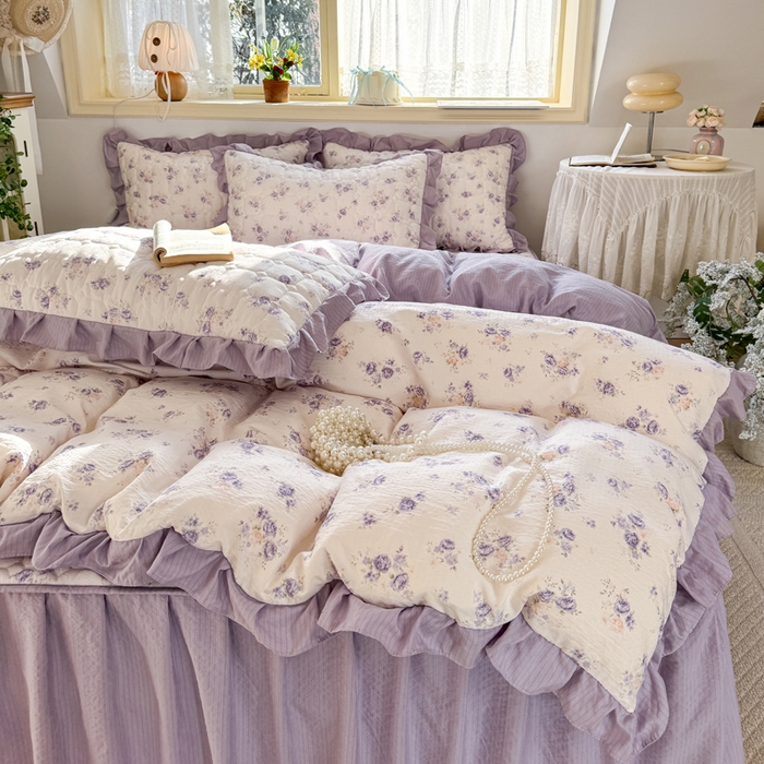 禧缘家纺（原梦想家） 2026新款小清新皱皱纱木棉床裙式床笠印花四件套 花田