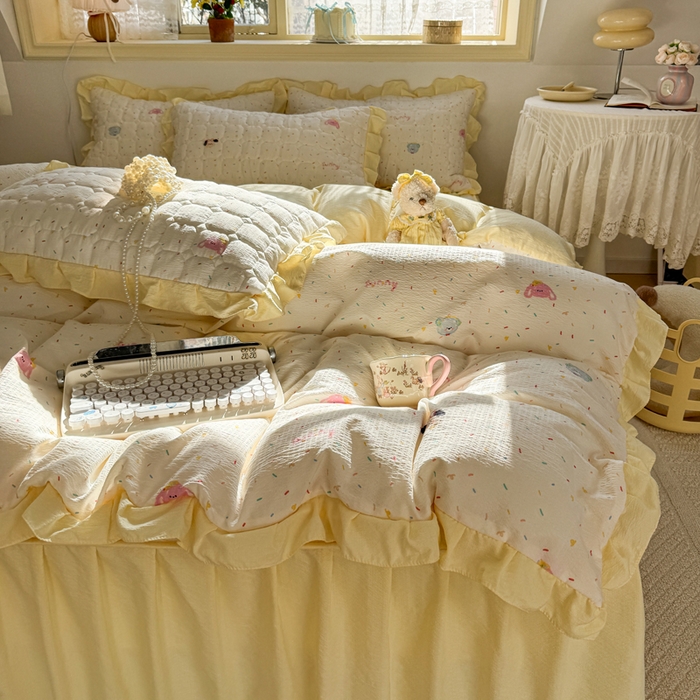 禧缘家纺（原梦想家） 2026新款小清新皱皱纱木棉床裙式床笠印花四件套 甜筒