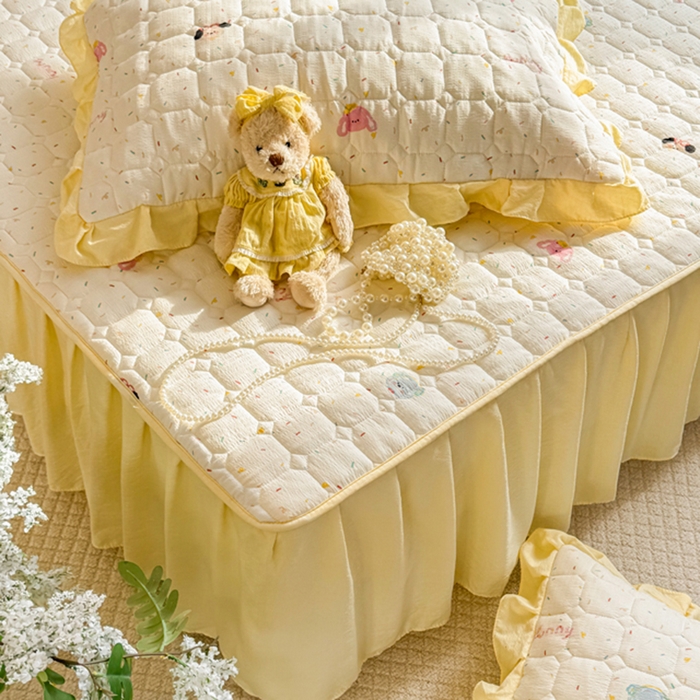 91家纺网 家纺一手货源 找家纺 禧缘家纺（原梦想家） 2026新款小清新皱皱纱木棉床裙式床笠印花四件套 甜筒