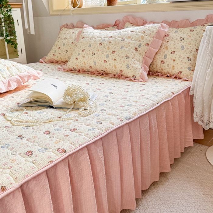 91家纺网 家纺一手货源 找家纺 禧缘家纺（原梦想家） 2026新款小清新皱皱纱木棉床裙式床笠印花四件套 泡芙