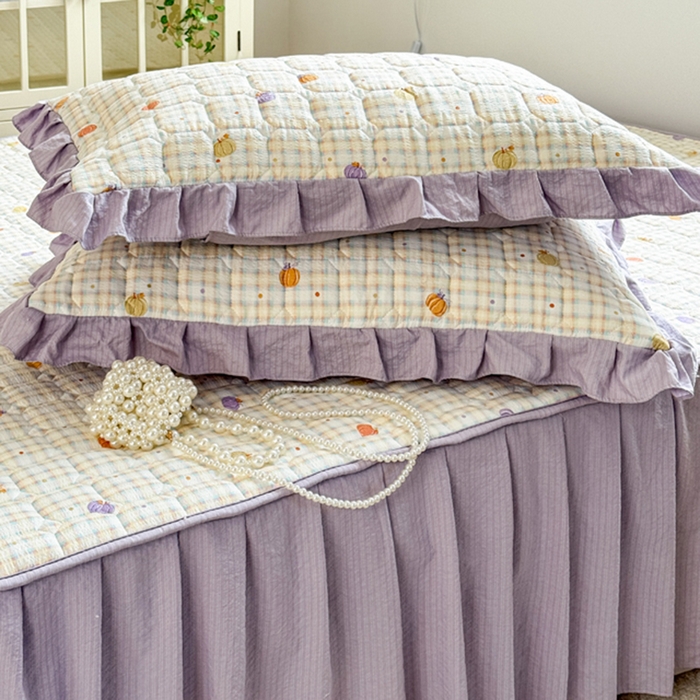 91家纺网 家纺一手货源 找家纺 禧缘家纺（原梦想家） 2026新款小清新皱皱纱木棉床裙式床笠印花四件套 南瓜