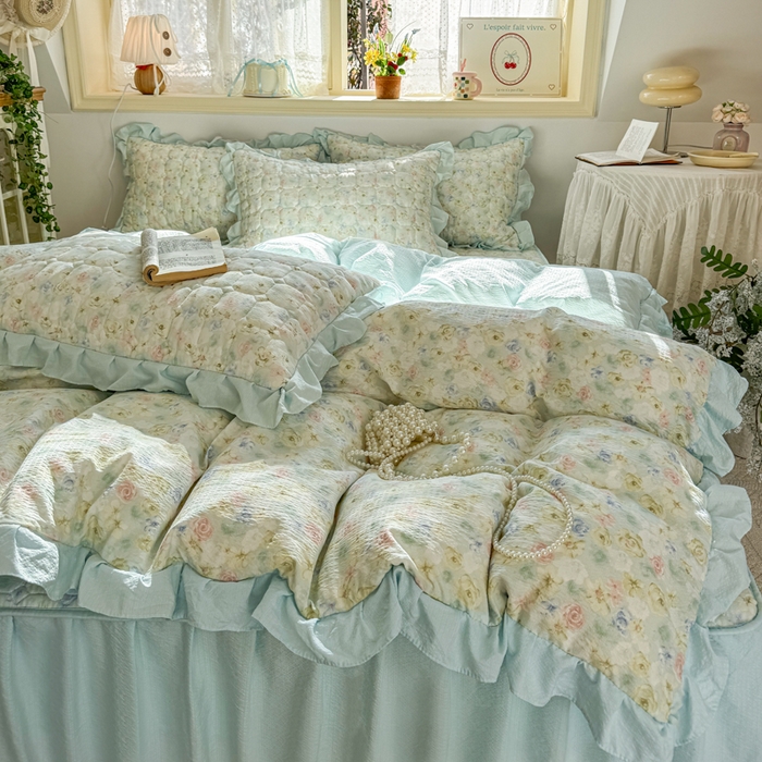 禧缘家纺（原梦想家） 2026新款小清新皱皱纱木棉床裙式床笠印花四件套 月光