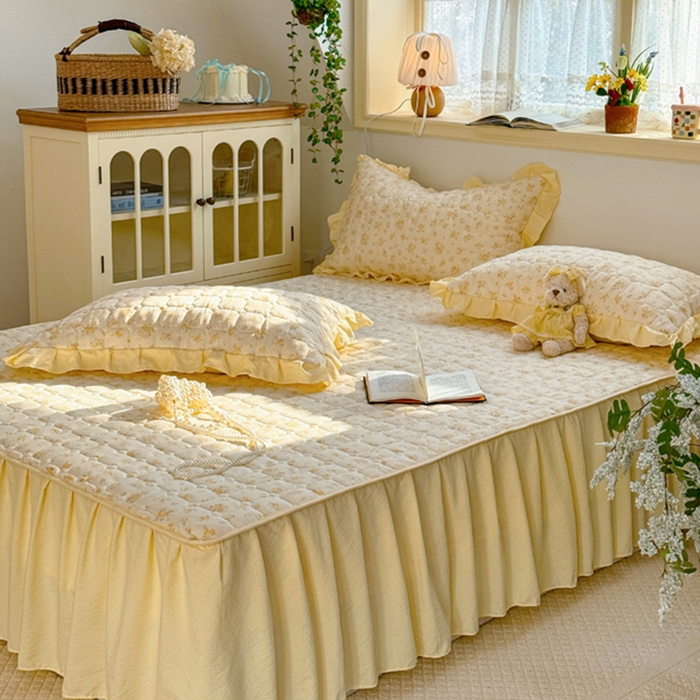 91家纺网 家纺一手货源 找家纺 禧缘家纺（原梦想家） 2026新款小清新皱皱纱木棉床裙式床笠印花四件套 沐春