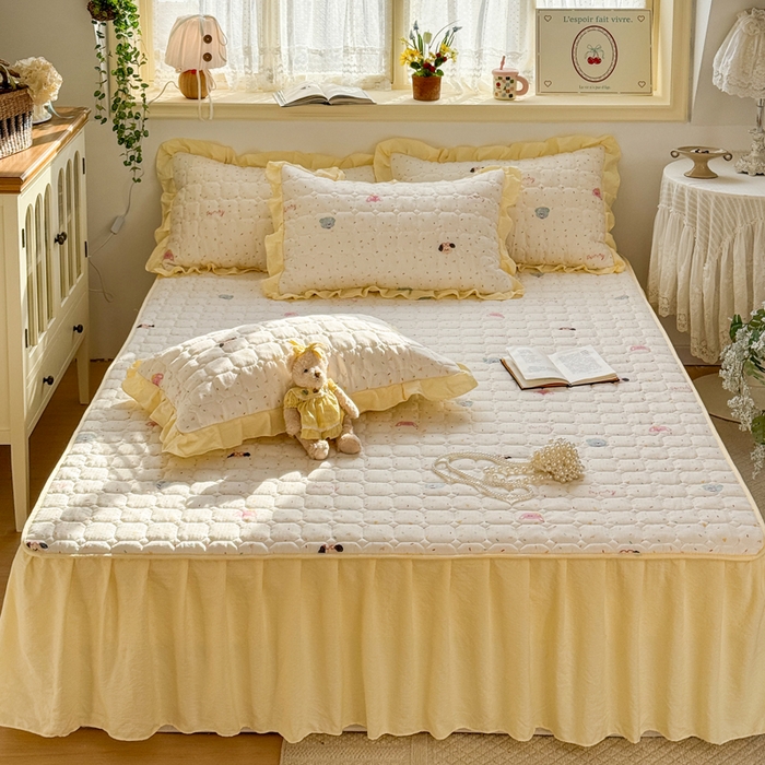 91家纺网 家纺一手货源 找家纺 禧缘家纺（原梦想家） 2026新款小清新皱皱纱木棉床裙式床笠印花四件套 甜筒