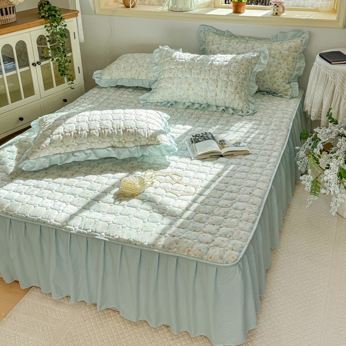 91家纺网 家纺一手货源 找家纺 禧缘家纺（原梦想家） 2026新款小清新皱皱纱木棉床裙式床笠印花四件套 月光