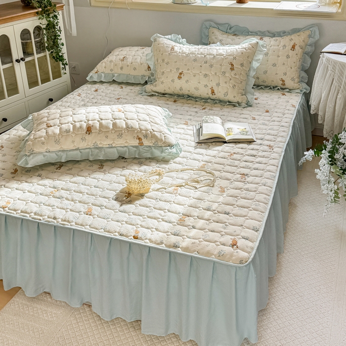 91家纺网 家纺一手货源 找家纺 禧缘家纺（原梦想家） 2026新款小清新皱皱纱木棉床裙式床笠印花四件套 兔兔